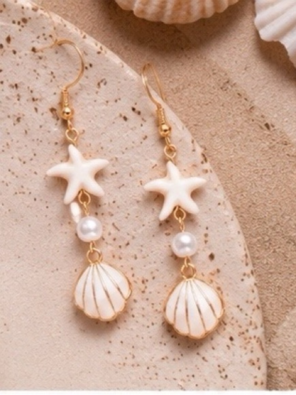 Gold & White Starfish Drop Earrings with Pearls - Women Jewelry